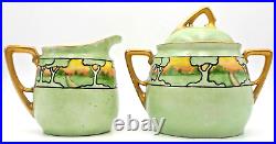 Beautiful Antique Art Nouveau KPM Germany Green Porcelain Sugar & Creamer Set