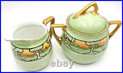 Beautiful Antique Art Nouveau KPM Germany Green Porcelain Sugar & Creamer Set