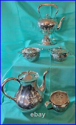Beautiful Art Nouveau Hand Hammered Sterling Silver 5 Pc Tea Set 140 T Oz C-1903