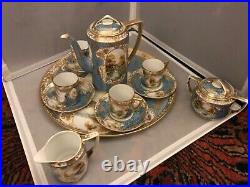 Beautiful Nippon moriage gold Art nouveau scenic coffee pot set w tray 8 pieces