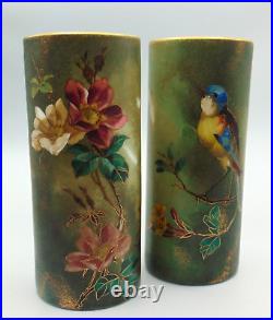 Bohemian Hand Painted Yellow / Blue Bird & Wild Roses Art Nouveau Glass Vase Set