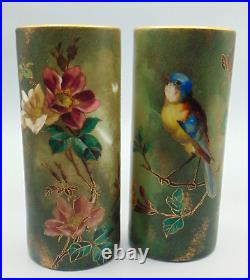 Bohemian Hand Painted Yellow / Blue Bird & Wild Roses Art Nouveau Glass Vase Set