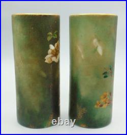 Bohemian Hand Painted Yellow / Blue Bird & Wild Roses Art Nouveau Glass Vase Set