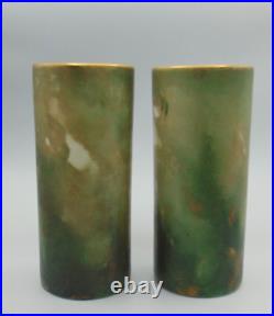 Bohemian Hand Painted Yellow / Blue Bird & Wild Roses Art Nouveau Glass Vase Set