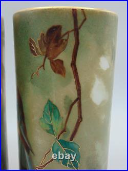 Bohemian Hand Painted Yellow / Blue Bird & Wild Roses Art Nouveau Glass Vase Set