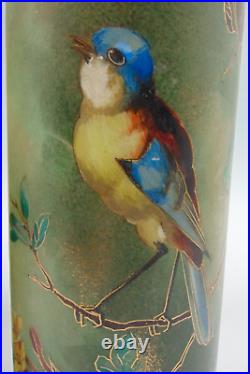 Bohemian Hand Painted Yellow / Blue Bird & Wild Roses Art Nouveau Glass Vase Set