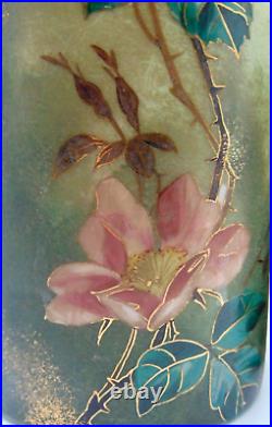 Bohemian Hand Painted Yellow / Blue Bird & Wild Roses Art Nouveau Glass Vase Set