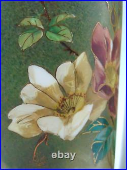 Bohemian Hand Painted Yellow / Blue Bird & Wild Roses Art Nouveau Glass Vase Set