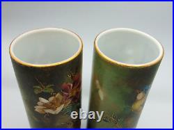 Bohemian Hand Painted Yellow / Blue Bird & Wild Roses Art Nouveau Glass Vase Set