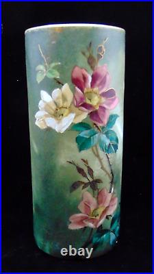 Bohemian Hand Painted Yellow / Blue Bird & Wild Roses Art Nouveau Glass Vase Set