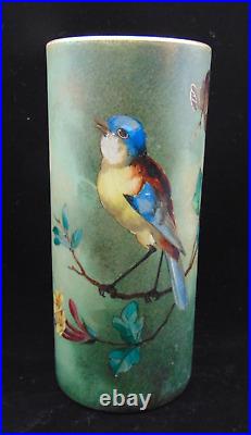 Bohemian Hand Painted Yellow / Blue Bird & Wild Roses Art Nouveau Glass Vase Set