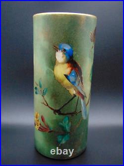 Bohemian Hand Painted Yellow / Blue Bird & Wild Roses Art Nouveau Glass Vase Set