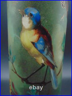 Bohemian Hand Painted Yellow / Blue Bird & Wild Roses Art Nouveau Glass Vase Set