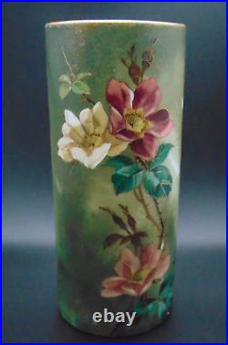 Bohemian Hand Painted Yellow / Blue Bird & Wild Roses Art Nouveau Glass Vase Set