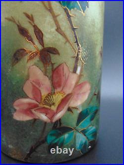 Bohemian Hand Painted Yellow / Blue Bird & Wild Roses Art Nouveau Glass Vase Set