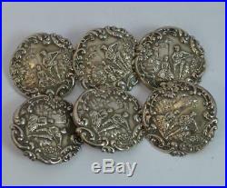 Boxed Art Nouveau Period Solid Silver Set of Six Buttons by Levi & Salaman