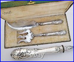 Boxed French. 800 Silver Handled 2pc Fish Serving Set Art Nouveau decor