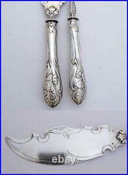 Boxed French. 800 Silver Handled 2pc Fish Serving Set Art Nouveau decor