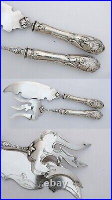 Boxed French. 800 Silver Handled 2pc Fish Serving Set Art Nouveau decor