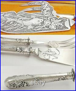 Boxed French Sterling Silver Handled 2pc Fish Serving Set Engraved Fish Motif