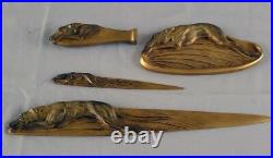 Boxed bronze greyhound desk set of seal, pintray and two letter openers signed B