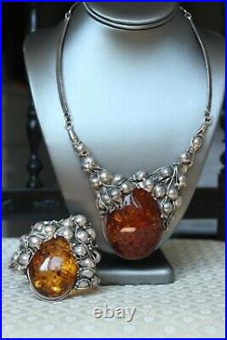 Butterscotch Amber Set of Necklace and Bracelet Vintage Silver 925 Art Nouveau
