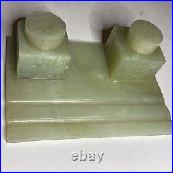 C1890s Art Nouveau Jade Green Inkwell Desk Set 4-Lotus Carved Pen Rest Quill Box