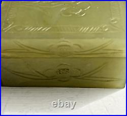 C1890s Art Nouveau Jade Green Inkwell Desk Set 4-Lotus Carved Pen Rest Quill Box