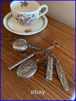 COMPLETE SET Art Nouveau French Rococo Solid Silver Chatelaine Mirror Pencil Box
