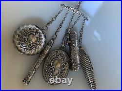 COMPLETE SET Art Nouveau French Rococo Solid Silver Chatelaine Mirror Pencil Box
