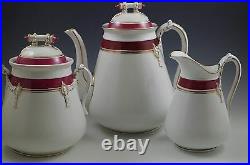 C. 1870 Haviland Old Wedding Band Teapot Biscuit Jar Pitcher Set Rope Red Antique