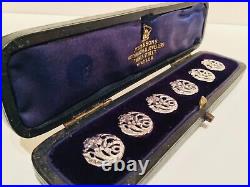 Cased Set 6 Art Nouveau Solid Silver Buttons, Chester 1902, James Deakin