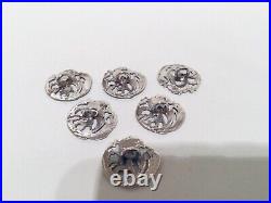 Cased Set 6 Art Nouveau Solid Silver Buttons, Chester 1902, James Deakin