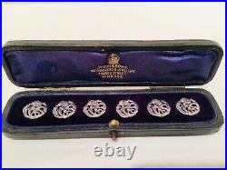 Cased Set 6 Art Nouveau Solid Silver Buttons, Chester 1902, James Deakin