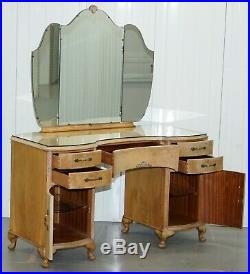 Circa 1920's Walnut Kidney Dressing Table & Stool Set With Tri-folding Mirror