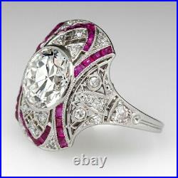 Circa 1930s Art Nouveau Bezel Set White 2.05CT CZ & Pink Rubies Engagement Ring