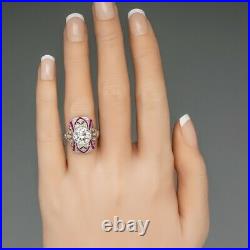Circa 1930s Art Nouveau Bezel Set White 2.05CT CZ & Pink Rubies Engagement Ring