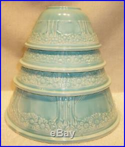 Complete Set Of 4 Homer Laughlin Art Nouveau Apple Tree Aqua Nesting Bowls Exlnt