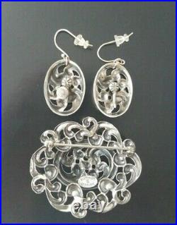 DANECRAFT Vintage Sterling Silver Oval Brooch Dangle Earrings Set Art Nouveau