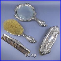 DERBY SILVER CO Art Nouveau Silverplate 4pc Vanity Dresser Set Comb Brush Mirror