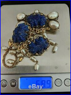 De LIGUORO Art Nouveau Dark Blue Lapis Lazuli Gold Brooch and Dangle Earrings