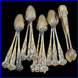 Debain French Sterling Silver 18k Gold Tea Moka Set, Tea spoons, Sugar Tong