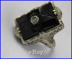 Dragonfly PSCO 14K White Gold Diamond set in Carved Onyz Art Nouveau Ring 5.75