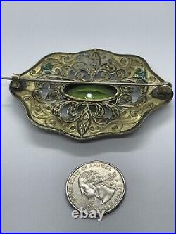 Edwardian Art Nouveau Faceted Peridot Green Art Glass Bezel Set Sash Belt Brooch