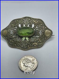 Edwardian Art Nouveau Faceted Peridot Green Art Glass Bezel Set Sash Belt Brooch