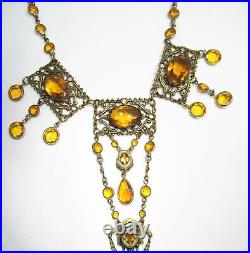 Estate Art Nouveau Brass Filigree Citrine Glass Earrings & Necklace Set C1862