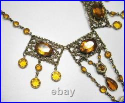 Estate Art Nouveau Brass Filigree Citrine Glass Earrings & Necklace Set C1862