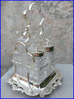Exceptional Art Nouveau Antique English Condiment Set Fine Crystal Silver Plate