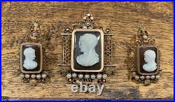 Exquisite Antique Art Nouveau 15k Carved Agate Cameo Pin/pendant Earrings Set