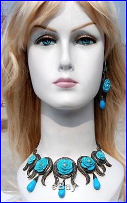 Extravagant 14kt Antique Turquoise Diamond Victorian Necklace Earrings Set